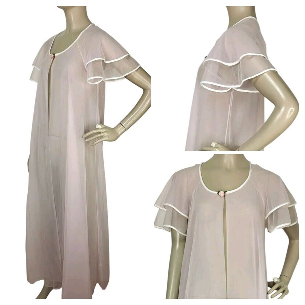 Vintage 60s Val Mode Pink Chiffon Sheer Flutter Sleeve Sweeping Robe Medium NEW